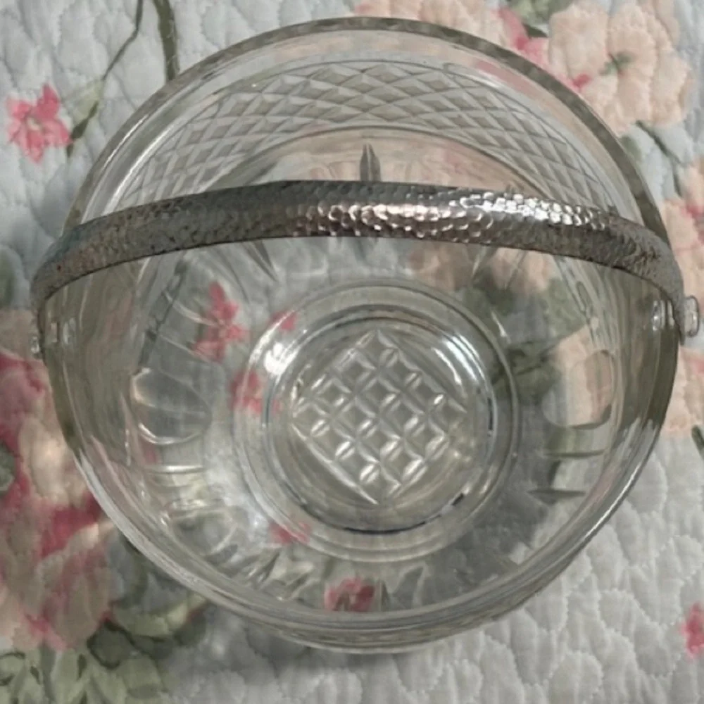 Vintage Diamond Cut Crystal Ice Bucket with Hammered Metal Handle